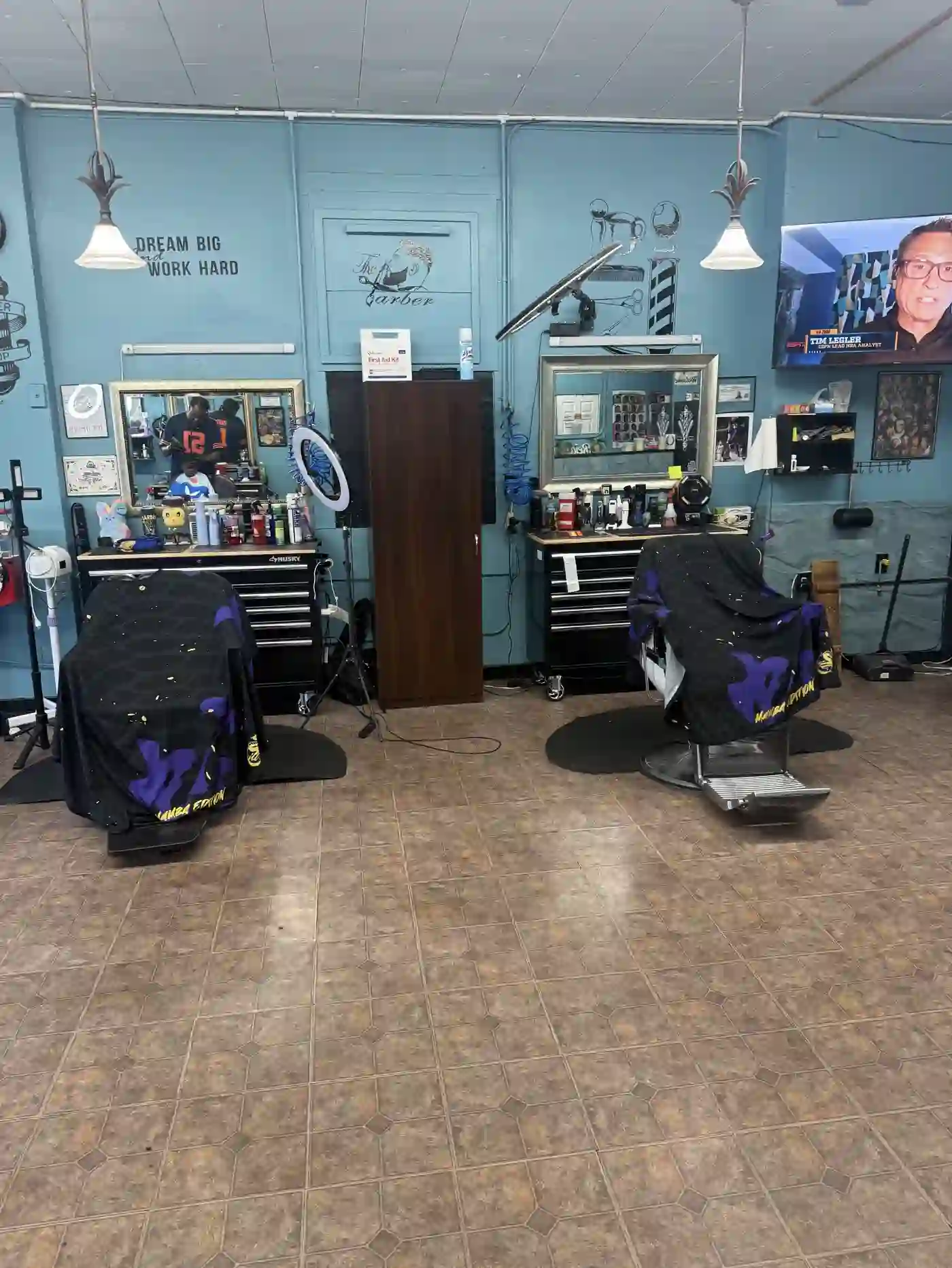Interior of Drapes and Tapes Barbershop